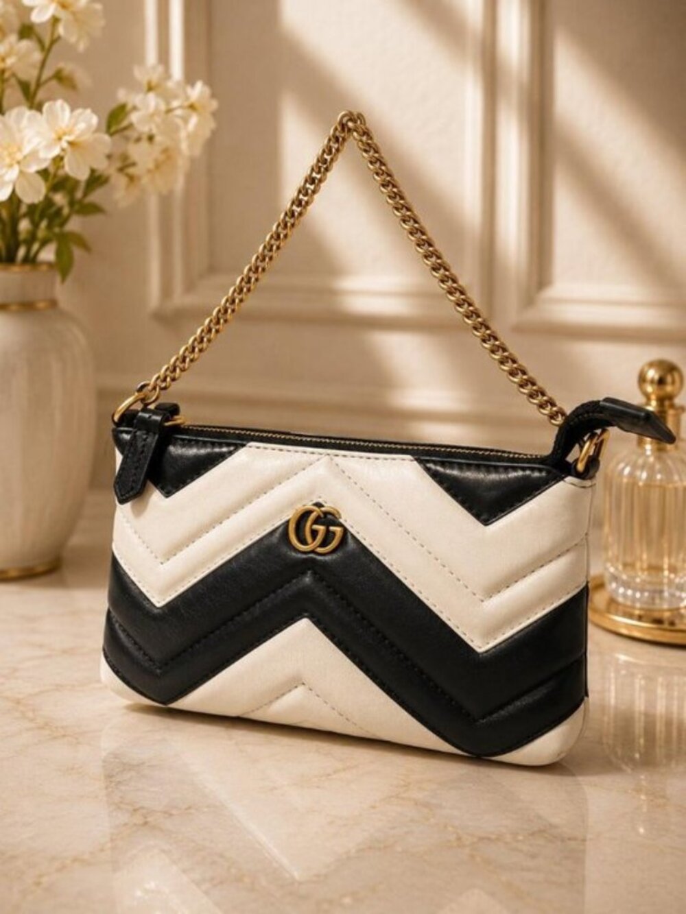 Authentic Gucci GG Marmont Chevron Mini Chain Shoulder Bag